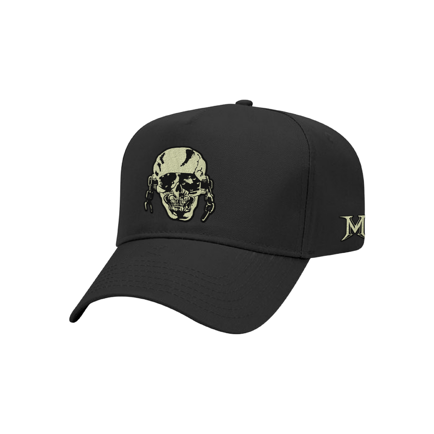 Black baseball cap with a skull emblem on the front.