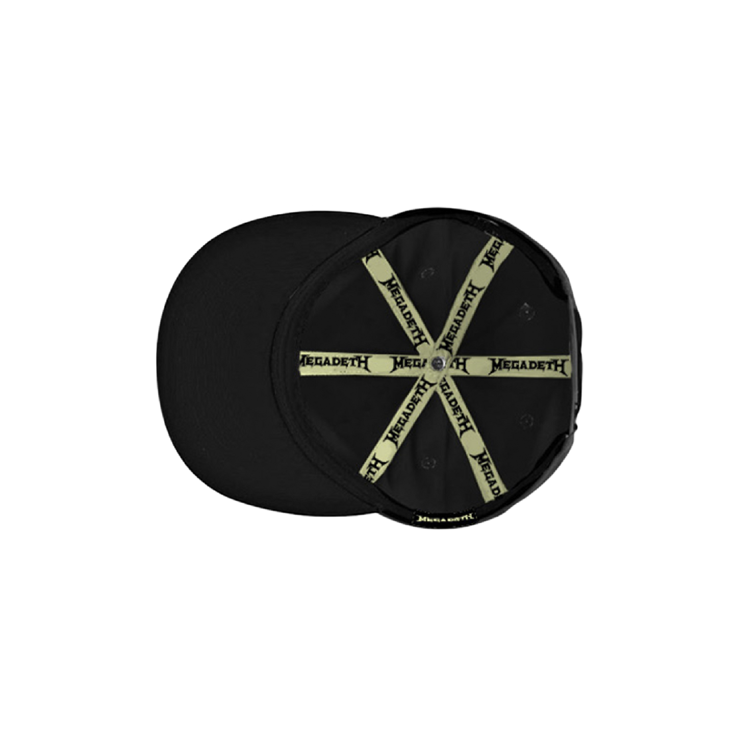 Black baseball cap with a Megadeth band logo on the inner lining.