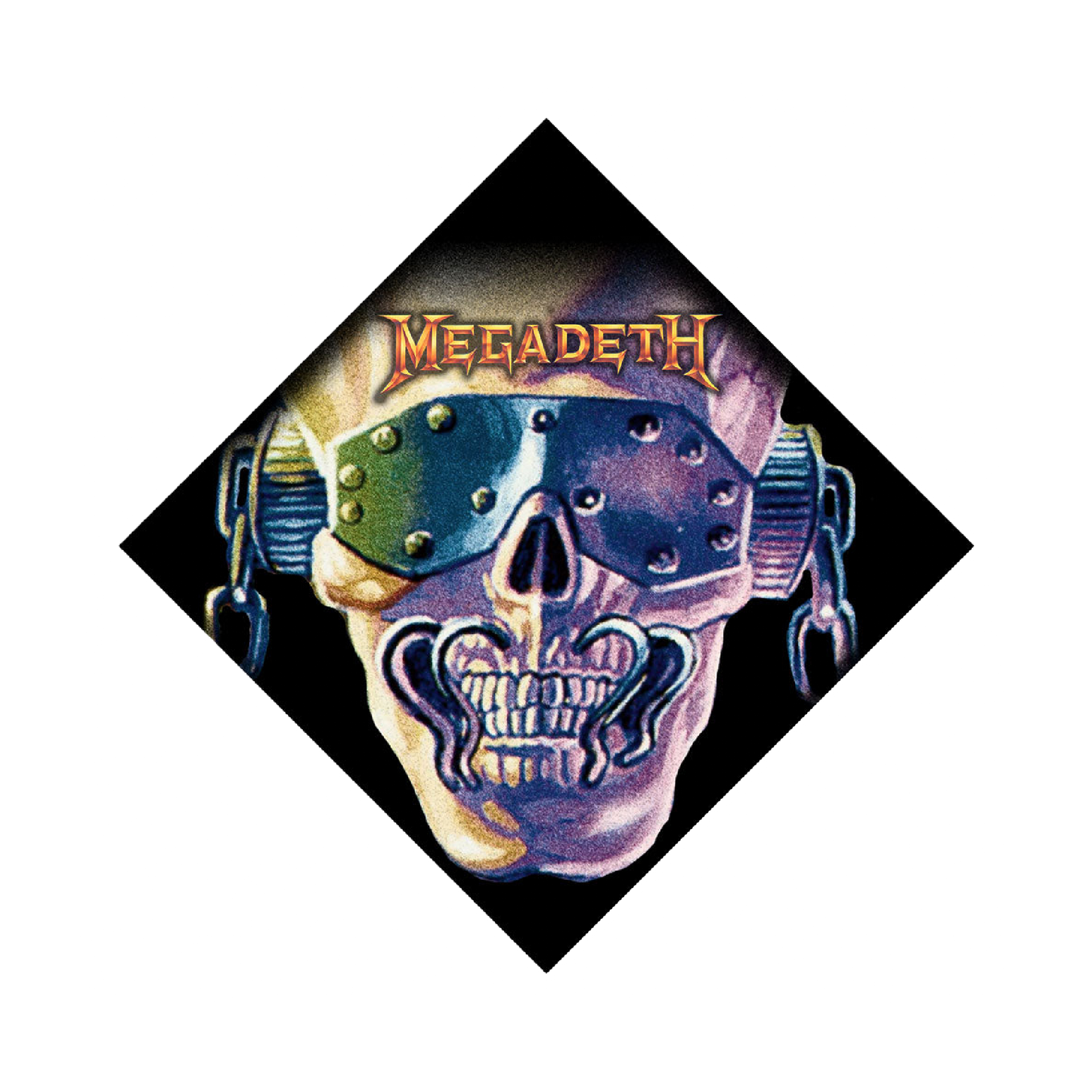 Stylized metallic skull with colorful sections and the Megadeth logo above it.